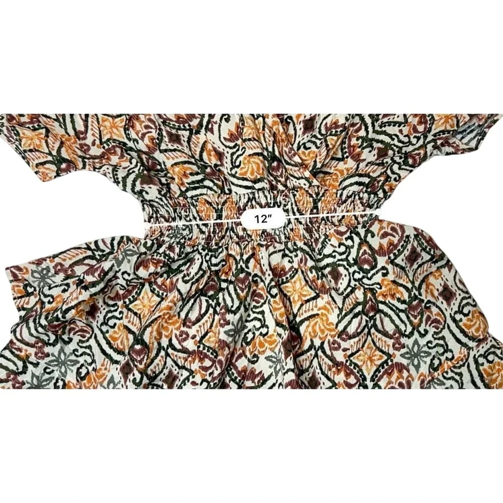 Zara AOP Ikat Print Tiered Elastic Waist Dress Tan Green Tribal MEDIUM Boho Chic - Picture 7 of 10